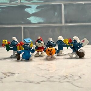 Set of 7 Vintage 70s-80s Smurf Figurines Peyo Schleich Holidays/Special Events